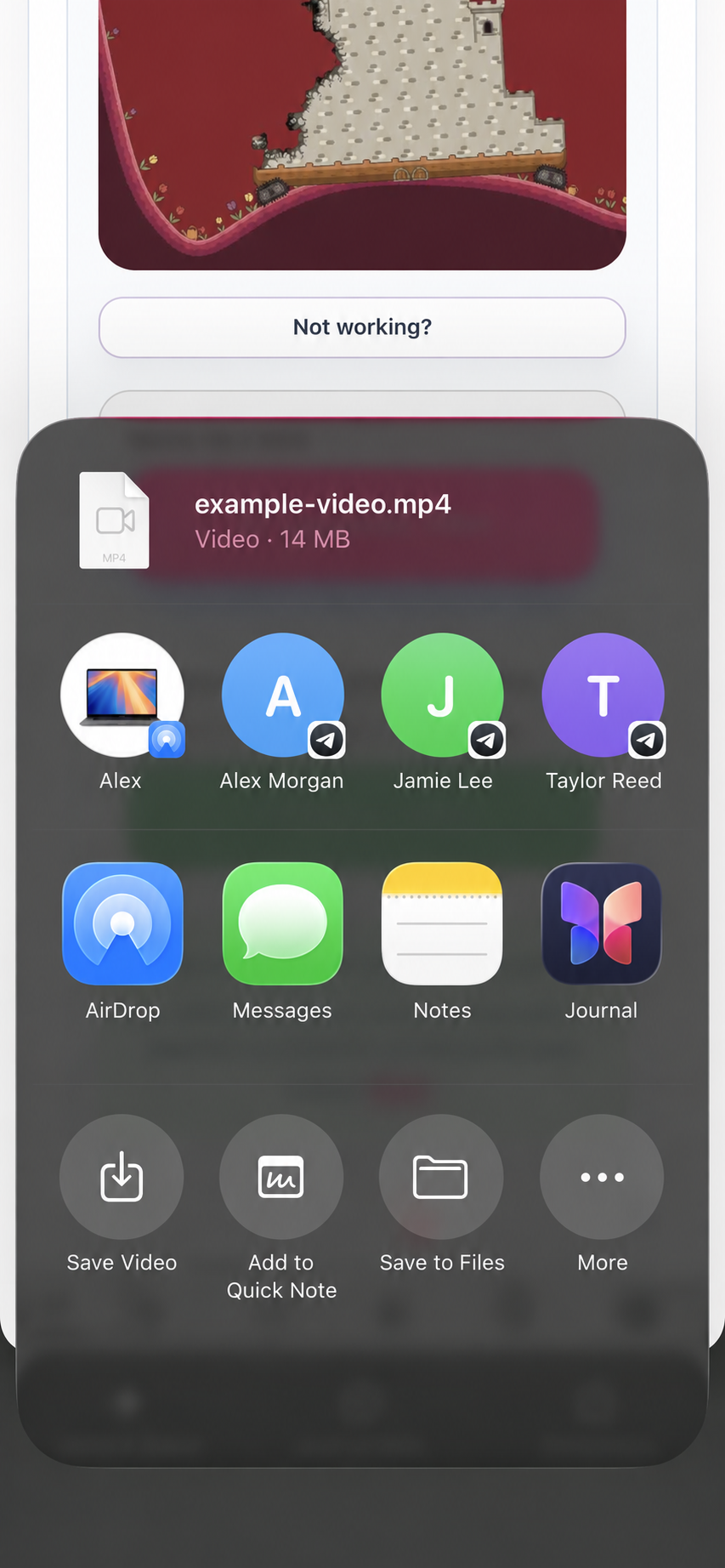 Illustrated iPhone sharing menu with Save Video and Save to Files actions