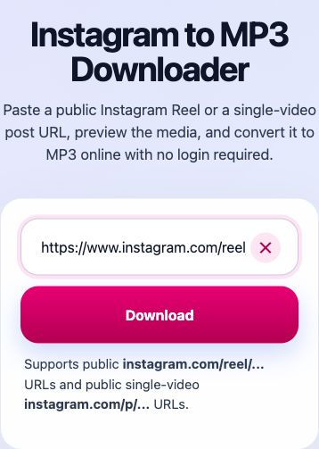 Instagram to MP3 page with a public Reel link and Download button