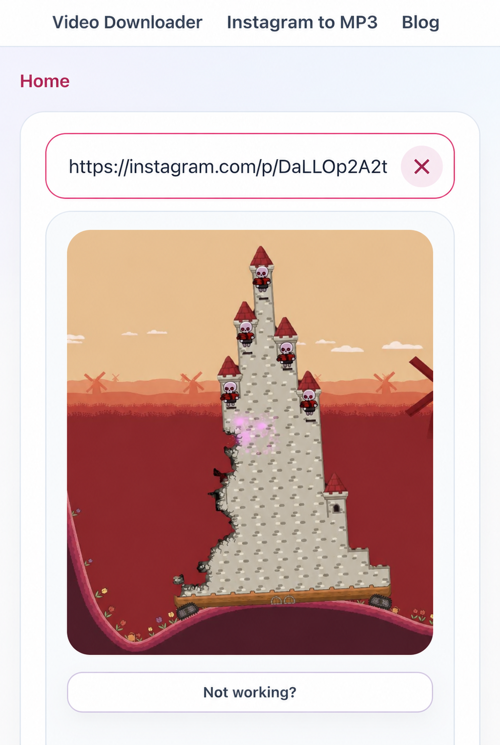 SaveReels result with an Instagram link and video preview